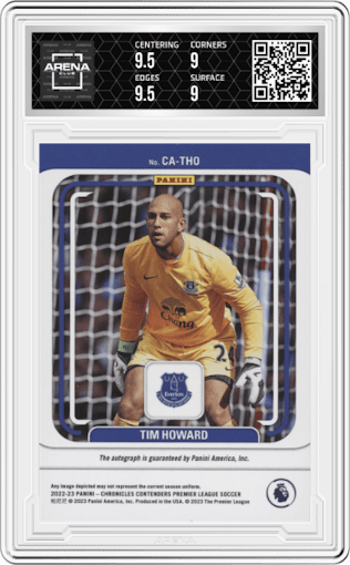 Tim Howard from the 2022-23 Panini Chronicles set featuring a Silver parallel graded by Arena Club and given an overall grade of 9.5.