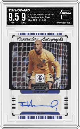 Tim Howard from the 2022-23 Panini Chronicles set featuring a Silver parallel graded by Arena Club and given an overall grade of 9.5.