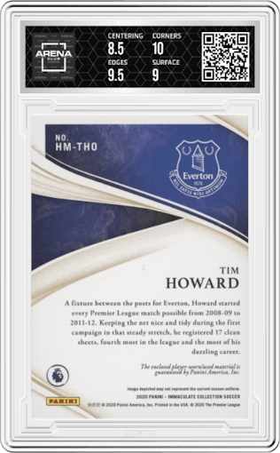Tim Howard from the 2020 Panini Immaculate Collection set featuring a Bronze parallel graded by Arena Club and given an overall grade of 9.