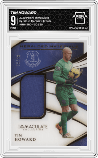 Tim Howard from the 2020 Panini Immaculate Collection set featuring a Bronze parallel graded by Arena Club and given an overall grade of 9.