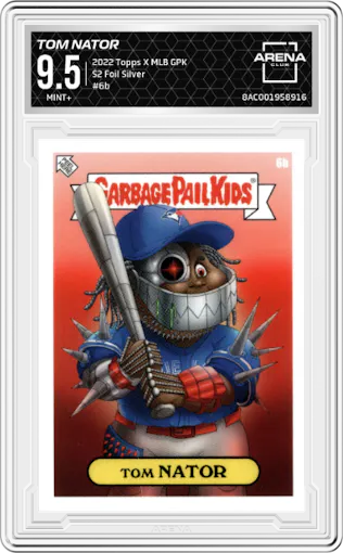 Tom Nator from the 2022 Topps X MLB Garbage Pail Kids set featuring a S2 Foil Silver parallel graded by Arena Club and given an overall grade of 9.5.