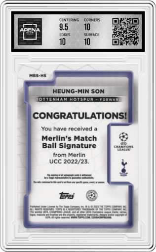 Heung-min Son from the 2022-23 Topps Merlin Chrome UEFA League set graded by Arena Club and given an overall grade of 10.