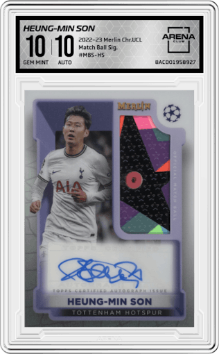 Heung-min Son from the 2022-23 Topps Merlin Chrome UEFA League set graded by Arena Club and given an overall grade of 10.