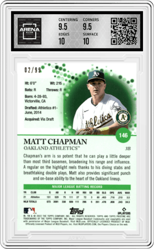 Matt Chapman from the 2022 Topps Pristine set featuring a Purple Refractor parallel graded by Arena Club and given an overall grade of 10.