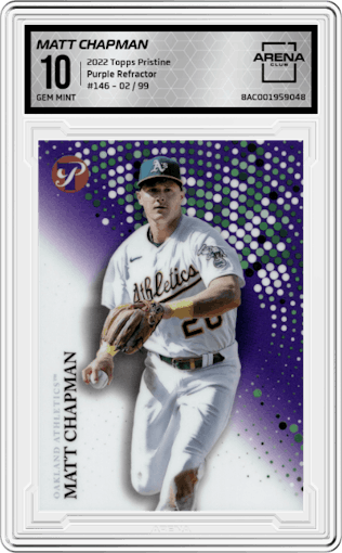 Matt Chapman from the 2022 Topps Pristine set featuring a Purple Refractor parallel graded by Arena Club and given an overall grade of 10.