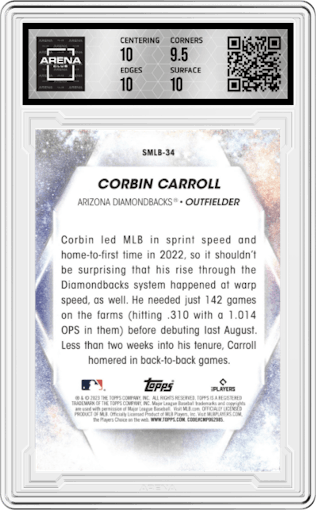 Corbin Carroll from the 2023 Topps Series 2 set graded by Arena Club and given an overall grade of 10.