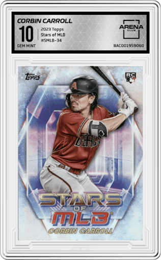 Corbin Carroll from the 2023 Topps Series 2 set graded by Arena Club and given an overall grade of 10.