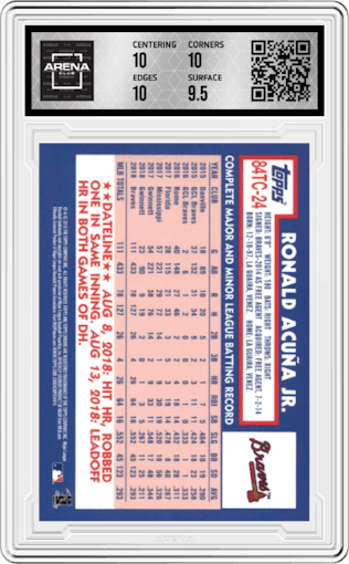 Ronald Acuna Jr. from the 2019 Topps Chrome set graded by Arena Club and given an overall grade of 10.