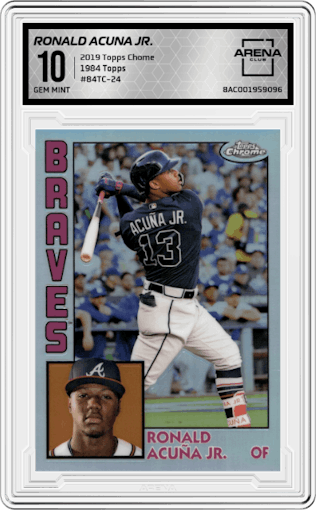 Ronald Acuna Jr. from the 2019 Topps Chrome set graded by Arena Club and given an overall grade of 10.