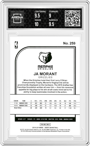 Ja Morant from the 2019-20 Panini NBA Hoops set featuring a Blue parallel graded by Arena Club and given an overall grade of 9.5.
