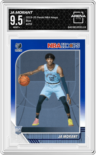 Ja Morant from the 2019-20 Panini NBA Hoops set featuring a Blue parallel graded by Arena Club and given an overall grade of 9.5.