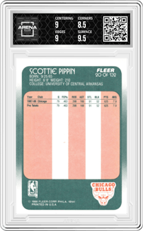 Scottie Pippen from the 1988-89 Fleer set graded by Arena Club and given an overall grade of 9.