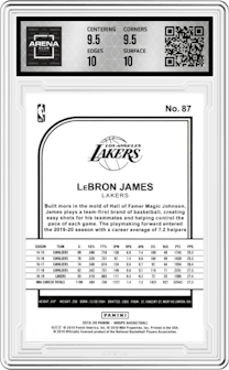 LeBron James from the 2019-20 Panini NBA Hoops set featuring a Yellow parallel graded by Arena Club and given an overall grade of 10.