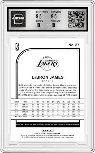 LeBron James from the 2019-20 Panini NBA Hoops set featuring a Yellow parallel graded by Arena Club and given an overall grade of 10.
