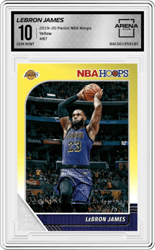 LeBron James from the 2019-20 Panini NBA Hoops set featuring a Yellow parallel graded by Arena Club and given an overall grade of 10.