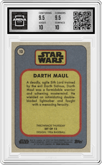 Darth Maul from the 2023 Topps Star Wars TBT set graded by Arena Club and given an overall grade of 10.