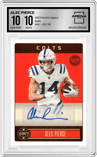 Alec Pierce from the 2023 Panini Legacy set graded by Arena Club and given an overall grade of 10.