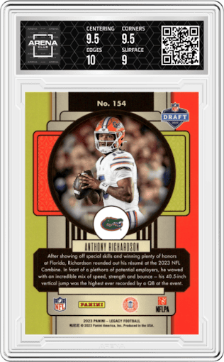 Anthony Richardson from the 2023 Panini Legacy set featuring a Premium Edition Silver
 parallel graded by Arena Club and given an overall grade of 9.5.