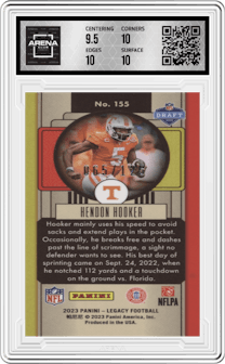 Hendon Hooker from the 2023 Panini Legacy set featuring a Orange Mini parallel graded by Arena Club and given an overall grade of 10.