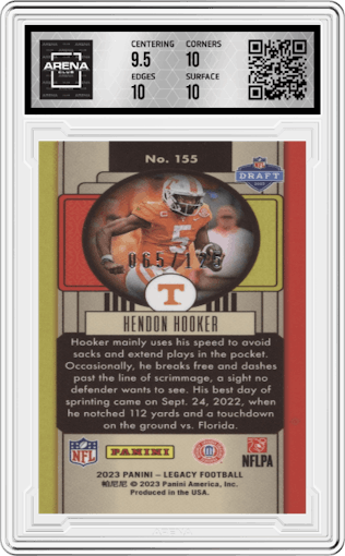 Hendon Hooker from the 2023 Panini Legacy set featuring a Orange Mini parallel graded by Arena Club and given an overall grade of 10.