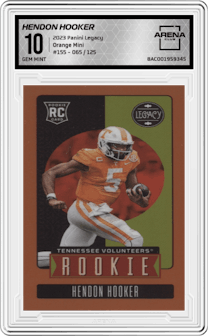 Hendon Hooker from the 2023 Panini Legacy set featuring a Orange Mini parallel graded by Arena Club and given an overall grade of 10.