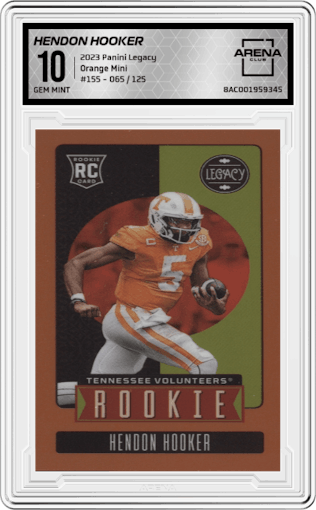 Hendon Hooker from the 2023 Panini Legacy set featuring a Orange Mini parallel graded by Arena Club and given an overall grade of 10.