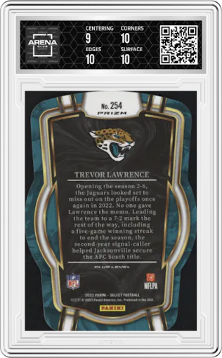 Trevor Lawrence from the 2022 Panini Select set featuring a Die-Cut Black/Green parallel graded by Arena Club and given an overall grade of 9.5.