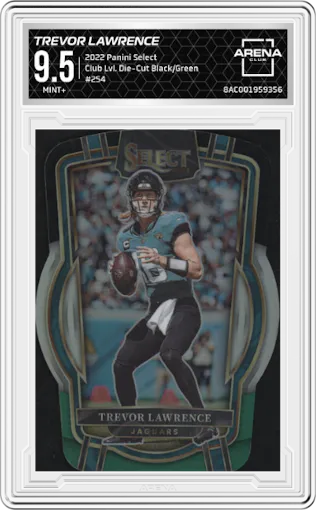 Trevor Lawrence from the 2022 Panini Select set featuring a Die-Cut Black/Green parallel graded by Arena Club and given an overall grade of 9.5.