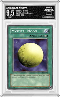 Mystical Moon from the 2002 Yu-Gi-Oh! set graded by Arena Club and given an overall grade of 9.5.