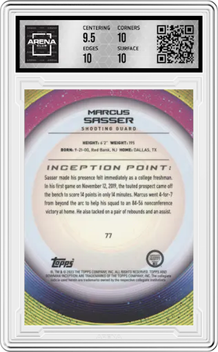 Marcus Sasser from the 2022-23 Bowman University Inception set featuring a Red Foil V2 parallel graded by Arena Club and given an overall grade of 10.