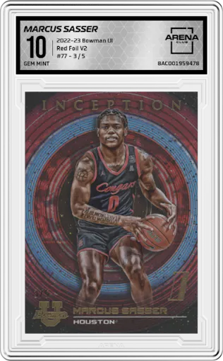 Marcus Sasser from the 2022-23 Bowman University Inception set featuring a Red Foil V2 parallel graded by Arena Club and given an overall grade of 10.