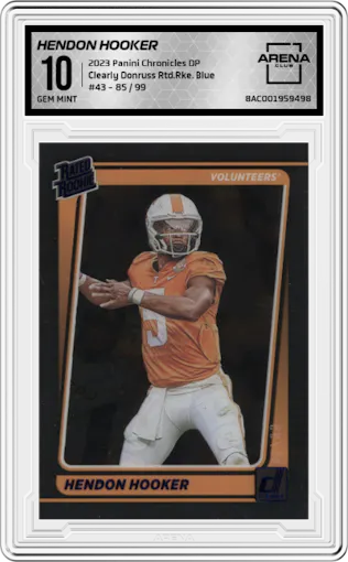 Hendon Hooker from the 2023 Panini Chronicles Draft Picks set featuring a Blue parallel graded by Arena Club and given an overall grade of 10.