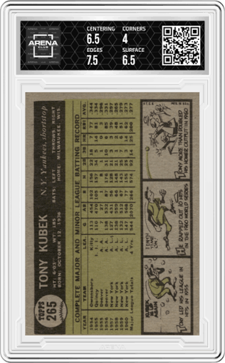 Tony Kubek from the 1961 Topps set graded by Arena Club and given an overall grade of 4.5.