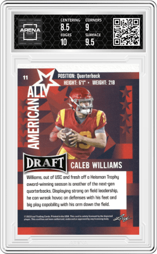 Caleb Williams from the 2023 Leaf Draft set featuring a Blue parallel graded by Arena Club and given an overall grade of 9.