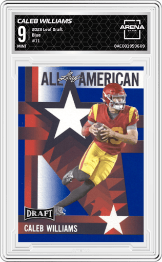 Caleb Williams from the 2023 Leaf Draft set featuring a Blue parallel graded by Arena Club and given an overall grade of 9.