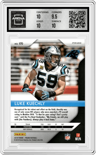 Luke Kuechly from the 2018 Panini Prizm set featuring a Lazer parallel graded by Arena Club and given an overall grade of 10.