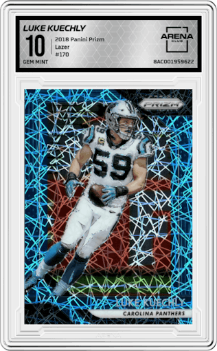 Luke Kuechly from the 2018 Panini Prizm set featuring a Lazer parallel graded by Arena Club and given an overall grade of 10.