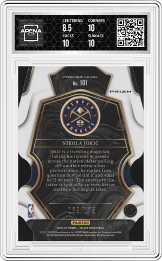 Nikola Jokic from the 2022-23 Panini Select set featuring a Die-Cut Maroon parallel graded by Arena Club and given an overall grade of 9.