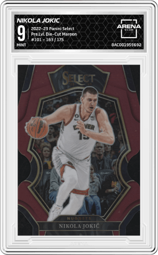 Nikola Jokic from the 2022-23 Panini Select set featuring a Die-Cut Maroon parallel graded by Arena Club and given an overall grade of 9.