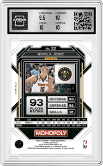 Nikola Jokic from the 2022-23 Panini Prizm Monopoly set featuring a Pink Prizm parallel graded by Arena Club and given an overall grade of 10.