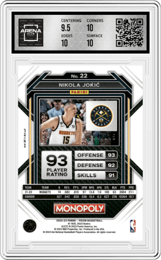 Nikola Jokic from the 2022-23 Panini Prizm Monopoly set featuring a Pink Prizm parallel graded by Arena Club and given an overall grade of 10.