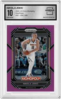 Nikola Jokic from the 2022-23 Panini Prizm Monopoly set featuring a Pink Prizm parallel graded by Arena Club and given an overall grade of 10.