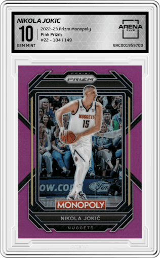Nikola Jokic from the 2022-23 Panini Prizm Monopoly set featuring a Pink Prizm parallel graded by Arena Club and given an overall grade of 10.