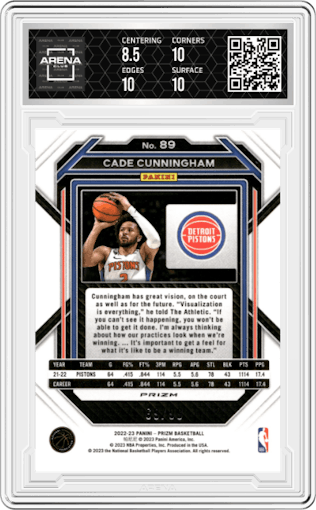 Cade Cunningham from the 2022-23 Panini Prizm  set featuring a Purple Prizm parallel graded by Arena Club and given an overall grade of 9.