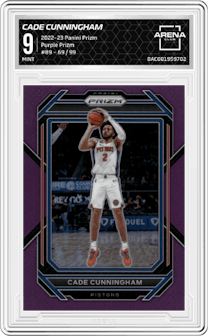 Cade Cunningham from the 2022-23 Panini Prizm  set featuring a Purple Prizm parallel graded by Arena Club and given an overall grade of 9.