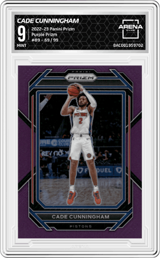 Cade Cunningham from the 2022-23 Panini Prizm  set featuring a Purple Prizm parallel graded by Arena Club and given an overall grade of 9.