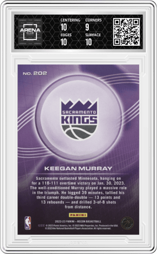 Keegan Murray from the 2022-23 Panini Recon set featuring a Holo Purple parallel graded by Arena Club and given an overall grade of 9.5.