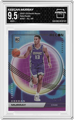Keegan Murray from the 2022-23 Panini Recon set featuring a Holo Purple parallel graded by Arena Club and given an overall grade of 9.5.