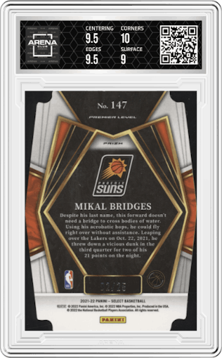 Mikal Bridges from the 2021-22 Panini Select set featuring a Die-Cut Tie-Dye parallel graded by Arena Club and given an overall grade of 9.5.