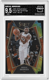 Mikal Bridges from the 2021-22 Panini Select set featuring a Die-Cut Tie-Dye parallel graded by Arena Club and given an overall grade of 9.5.